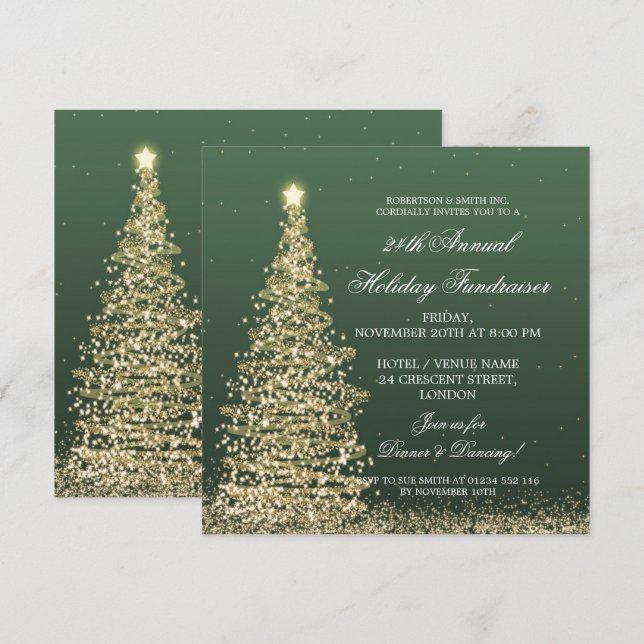 Holiday Corporate Fundraiser Gala Gold Green Einladung (Vorne/Hinten)