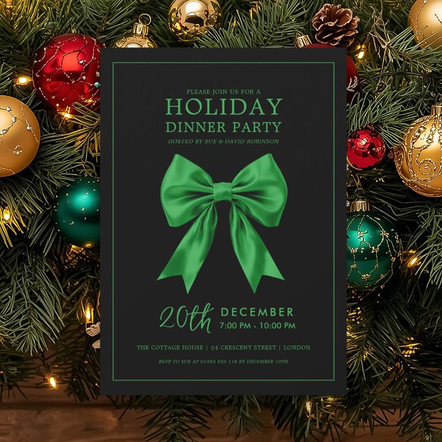Holiday Dinner Party Green Satin Bow Black  Einladung (Holiday Dinner Party Green Satin Bow Black Invitation)