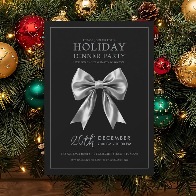 Holiday Dinner Party Silver Satin Bow Black Einladung (Holiday Dinner Party Silver Satin Bow Black Invitation)