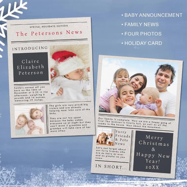 Holiday Family News Paper Foto Baby Ankündigung (baby announcement holiday card family news newspaper fun 4 photos funny cute gazette updates)
