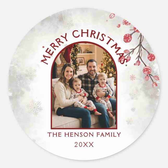 Holiday Family Photo Merry Christmas  Runder Aufkleber (Vorderseite)