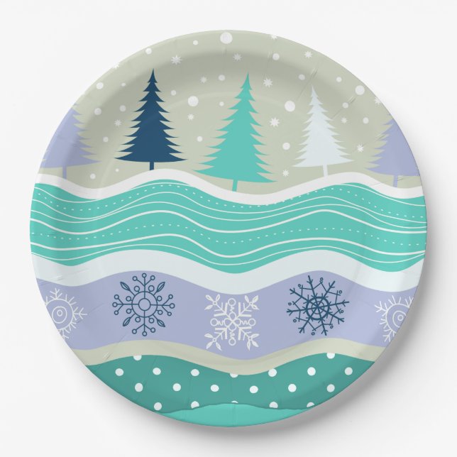 Holiday Fir Trees Snowflakes Snow Christmas Pappteller (Vorderseite)