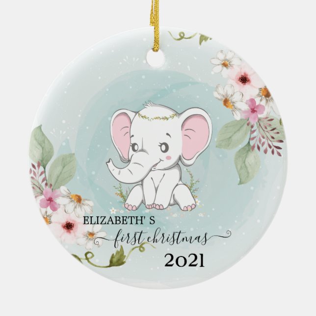 Holiday First Christmas Baby Elephant Blume Keramik Ornament (Hinten)