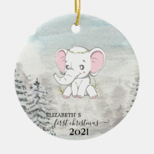 Holiday First Christmas Baby Elephant Pine Tree Keramik Ornament