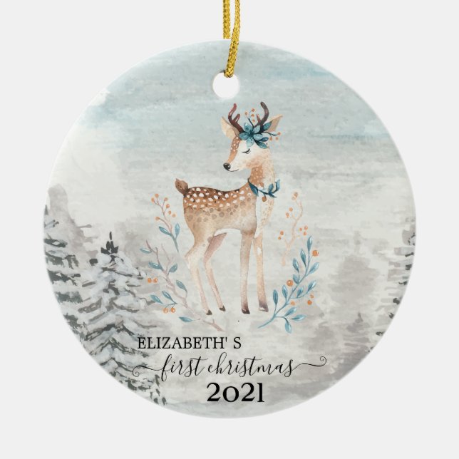 Holiday First Christmas Baby Reindeer Keramik Ornament (Vorne)