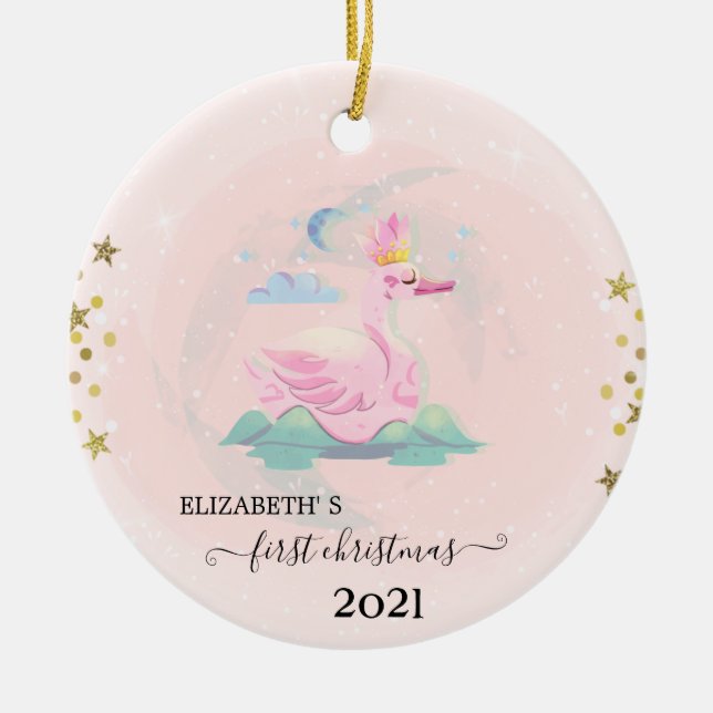 Holiday First Christmas Baby Swan Crown Stars Keramik Ornament (Vorne)