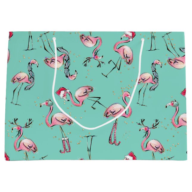 Holiday Flamingos Weihnachtsmannmütze Weihnachtssc Große Geschenktüte (Vorderseite)