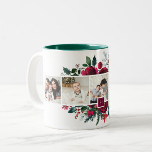 Holiday Floral 5 Foto Collage Monogramm Weihnachte Zweifarbige Tasse