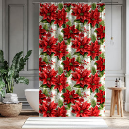Holiday Floral Curtain Red Poinsettia Décor Duschvorhang