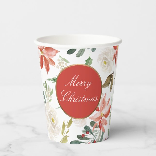 Holiday Floral Festive Frohe Weihnachten Pappbecher (Rückseite)