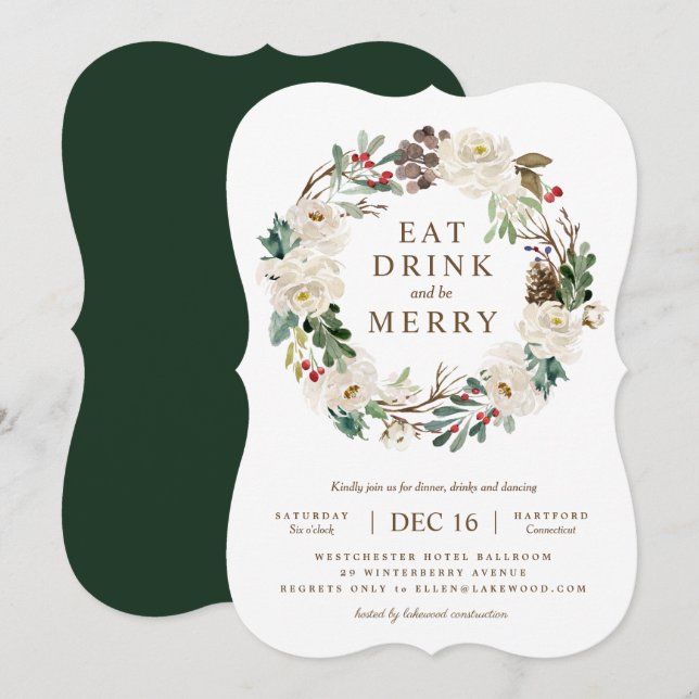 Holiday Floral Wreath Party Einladung (Vorne/Hinten)
