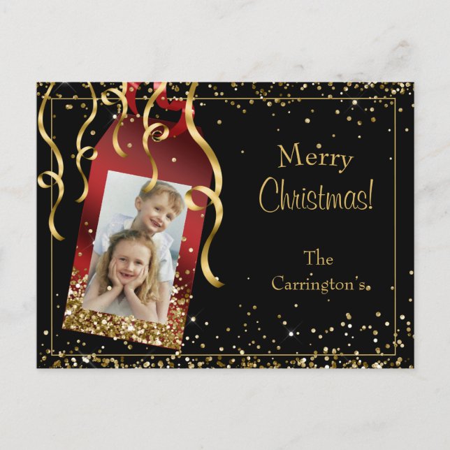 Holiday Foto Gold Glitzer Script Weihnachten Postkarte (Vorderseite)