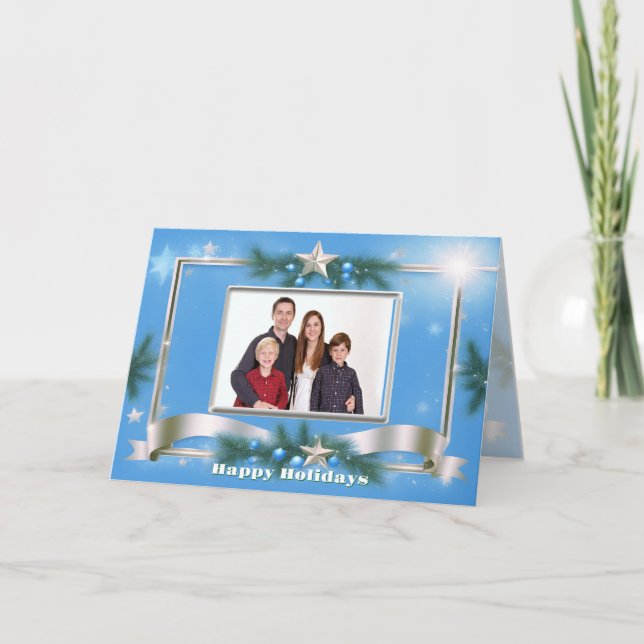 Holiday Foto Gruß auf Blau mit Silver Frame Karte (Vorderseite)