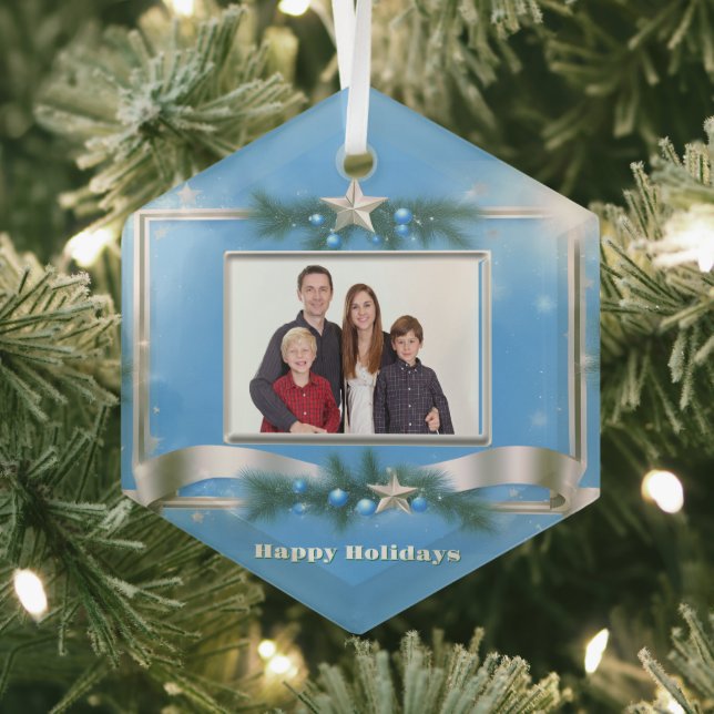 Holiday Foto Ornament on Blue mit Silver Frame Aus Glas (Insitu)