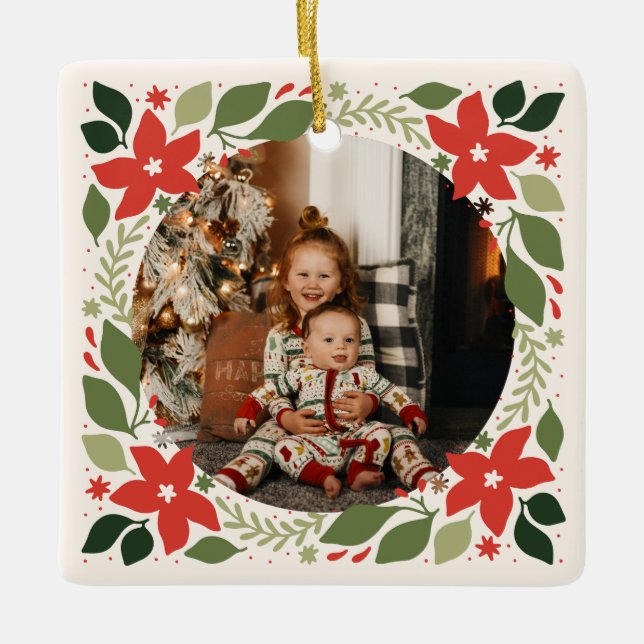 Holiday Foto Poinsettia Keramik Ornament (Vorderseite)
