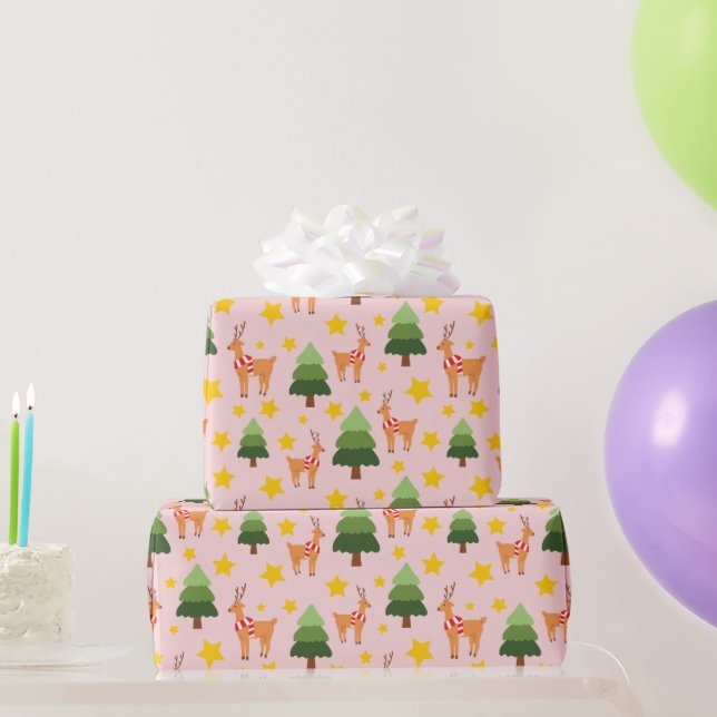 Holiday fröhliche Rentier Weihnachtsbaum Star Rosa Geschenkpapier (Partygeschenke)