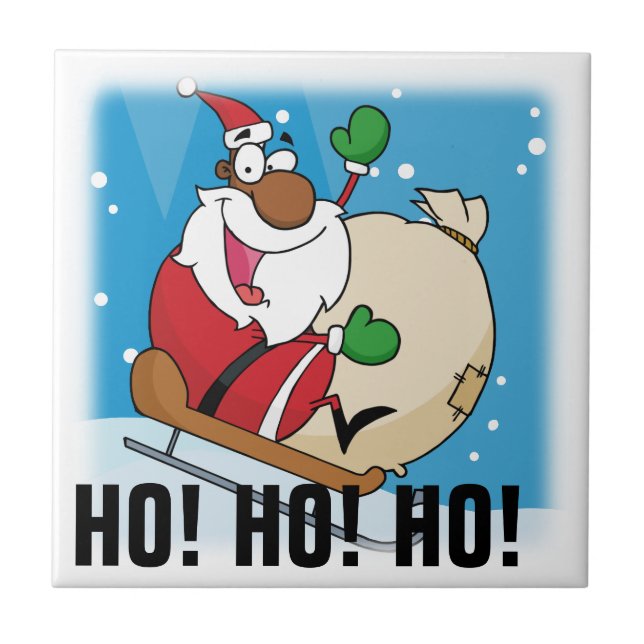 Holiday Fun Black Santa Claus Riding Sled Fliese (Vorderseite)