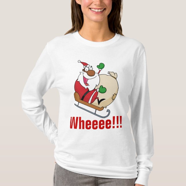 Holiday Fun Black Santa Claus Riding Sled T-Shirt (Vorderseite)