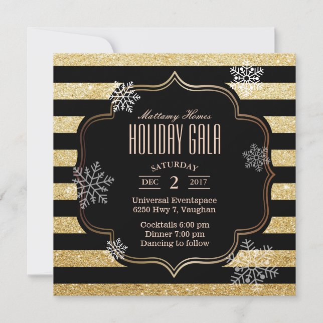 Holiday Gala Black & Gold Streifen Snowflakes Einladung (Vorderseite)