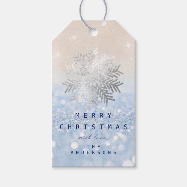 Holiday Gift Blue Snow Flakes Silver Blue Glitzer Geschenkanhänger (Vorderseite)