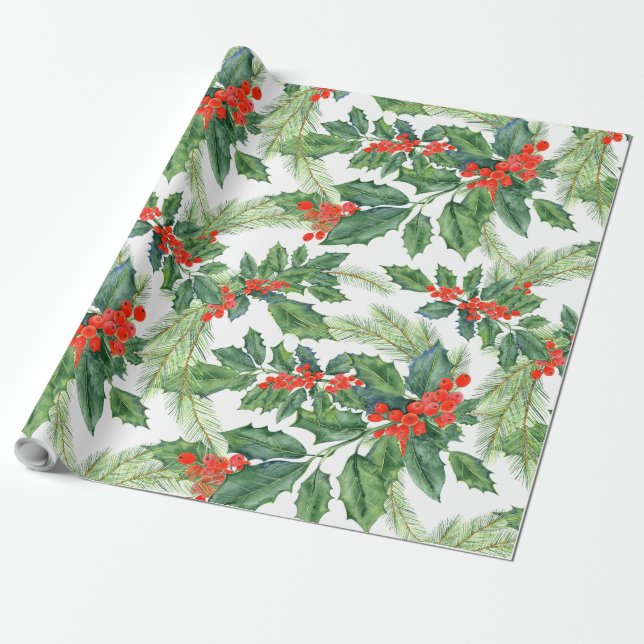 Holiday Gift Wrap Holly Berries Geschenkpapier (Ungerollt)