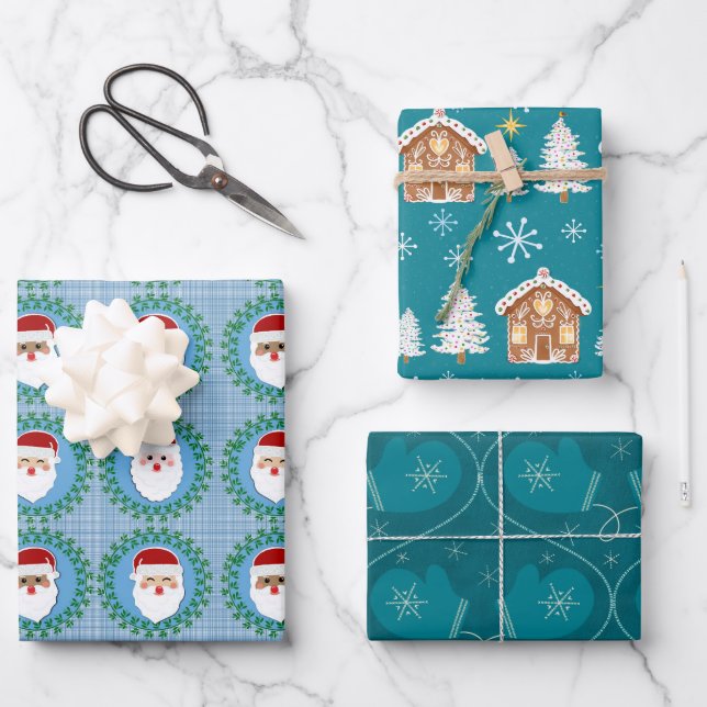 Holiday Gift Wrap Trip in blau und rot Geschenkpapier Set (Vorderseite)