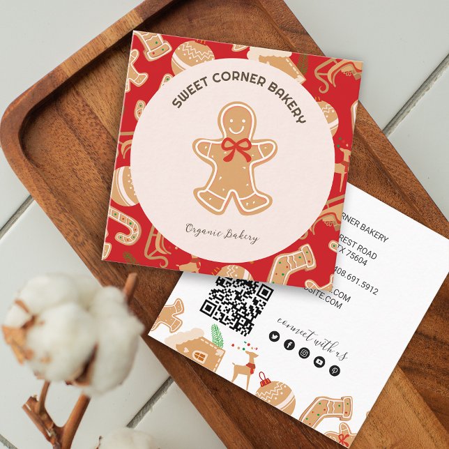 Holiday Gingerbrot Bakery QR Code Quadratische Visitenkarte (Holiday Gingerbread Bakery QR Code Square Business Card)