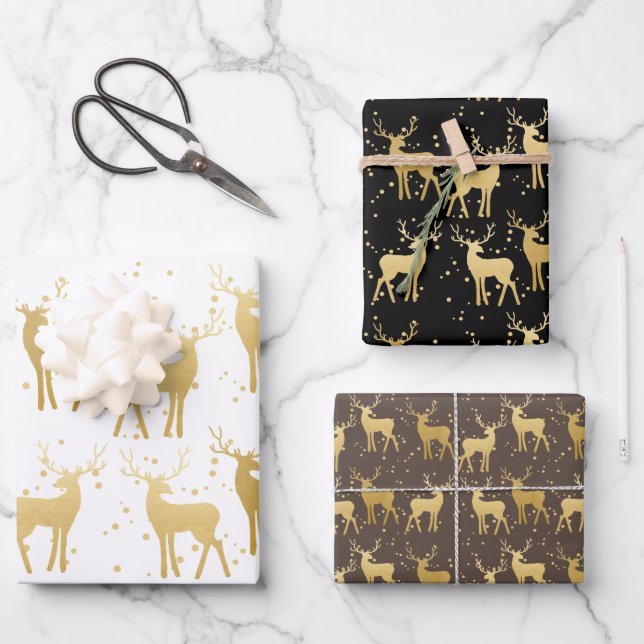 Holiday Gold Antler Stag Pattern Moderne Geschenkpapier Set (Vorderseite)