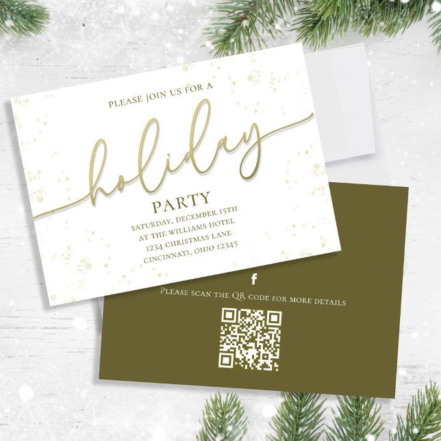 Holiday Gold Calligraphy Script Simple QR Code  Einladung (Holiday party gold gradient calligraphy script invitation. With a QR code. )