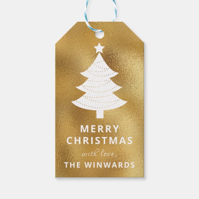 Holiday Gold Foil & White Christmas Tree Geschenkanhänger (Vorderseite)