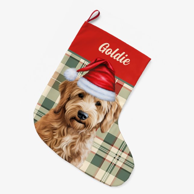 Holiday Goldendoodle Kariert mit dem Namen des Hun Großer Weihnachtsstrumpf (Vorderansicht (hängend))