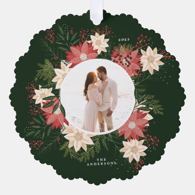 Holiday Green Botanic Poinsettia Foto Weihnachten Ornament Karte (Vorderseite)