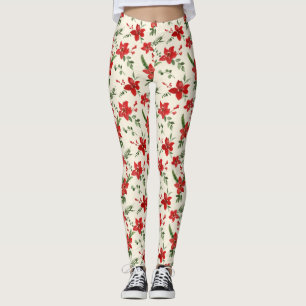 Holiday Green Holly Red Floral Weihnachtsmuster Leggings