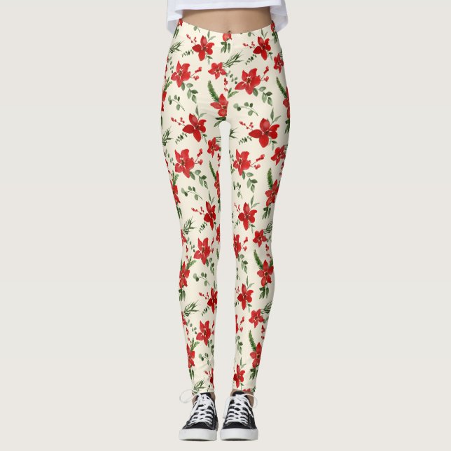 Holiday Green Holly Red Floral Weihnachtsmuster  Leggings (Vorderseite)