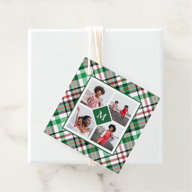 Holiday Green Kariert Foto Collage und Monogram Geschenkanhänger (Beispiel)