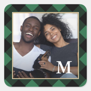 Holiday Green Kariert mit Monogram Foto Quadratischer Aufkleber