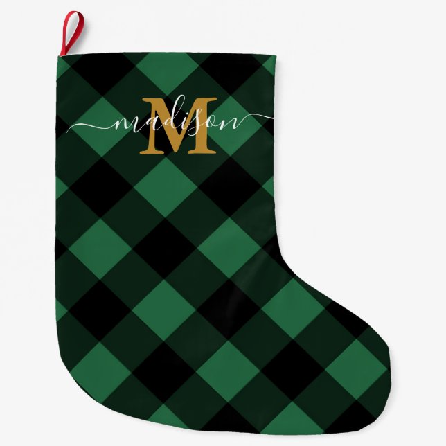 Holiday Green Kariert mit Monogramm und Name Großer Weihnachtsstrumpf (Vorderseite)