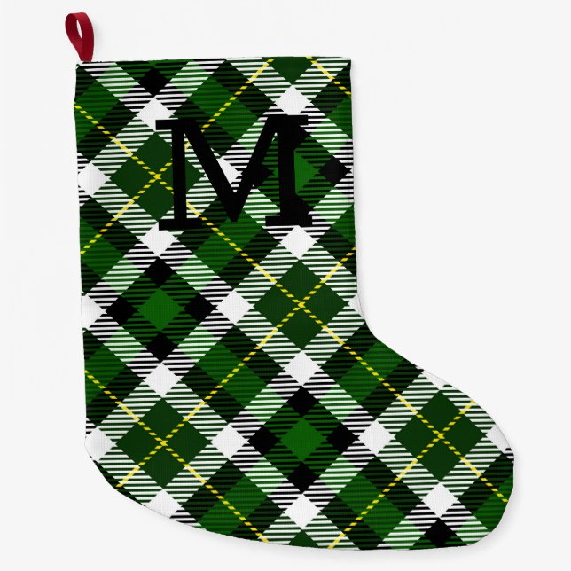 Holiday Green Kariert Monogram Erstfestlicher Spaß Großer Weihnachtsstrumpf (Vorderseite)