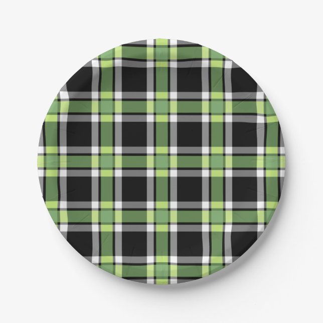 Holiday Green und Black Moderne Weihnachten Karier Pappteller (Vorderseite)