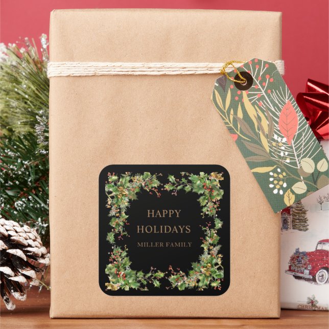 Holiday Greenery Border Monogram Quadratischer Aufkleber (Feiertag)