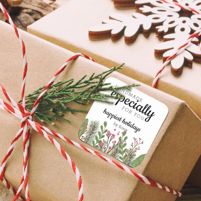 Holiday Greenery Handmade speziell für Sie Quadratischer Aufkleber (Holiday Greenery Handmade Especially For You Square Sticker)