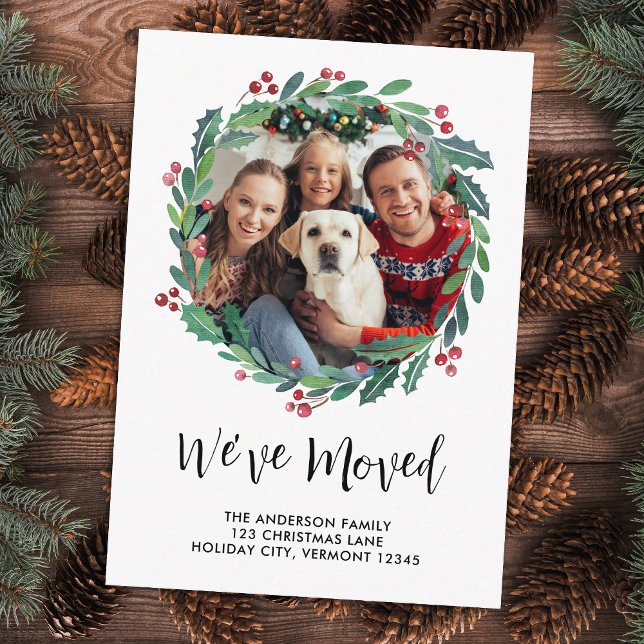 Holiday Greenery Wreath Custom Foto Moving Begleitkarte (Von Creator hochgeladen)