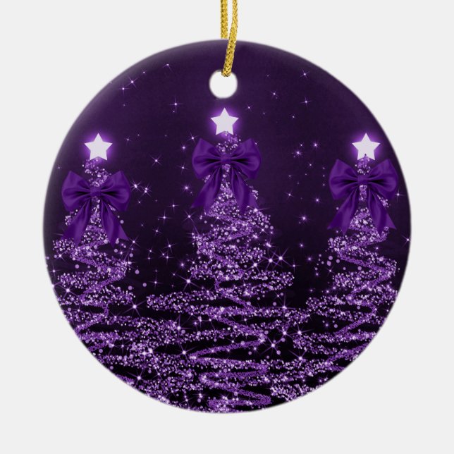 Holiday Greeting Purple Christmas Trees Bows Keramik Ornament (Vorne)