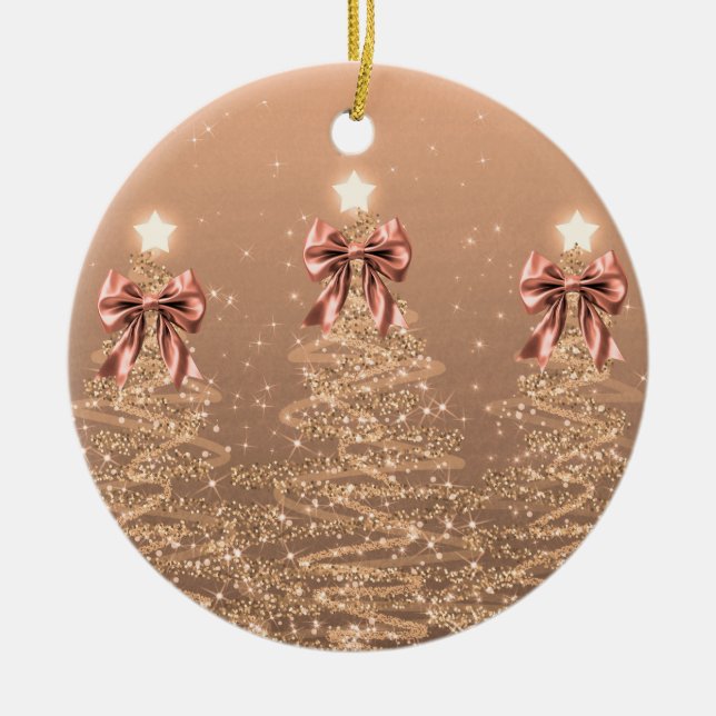 Holiday Greeting Rose Gold Christmas Trees Bows Keramik Ornament (Vorne)