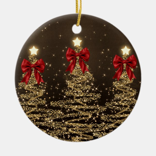 Holiday Greetings Gold Christmas Trees w/ Red Bows Keramik Ornament (Vorne)