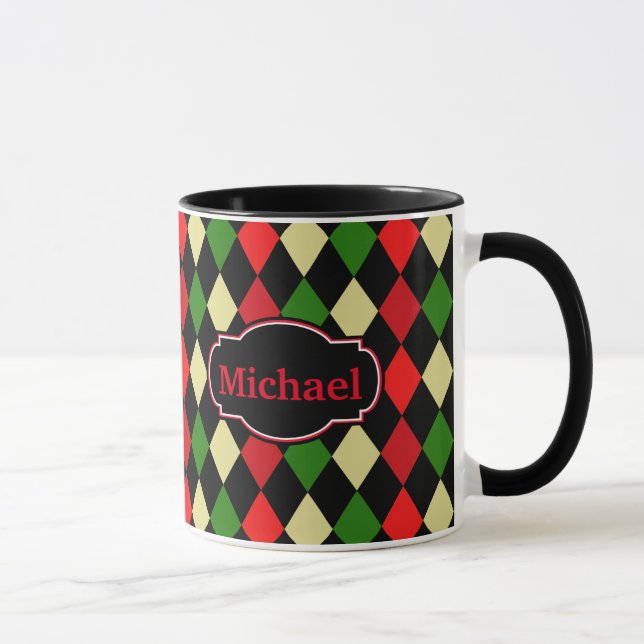 Holiday Harlequin Geometrisches Muster mit Namen Tasse (Rechts)