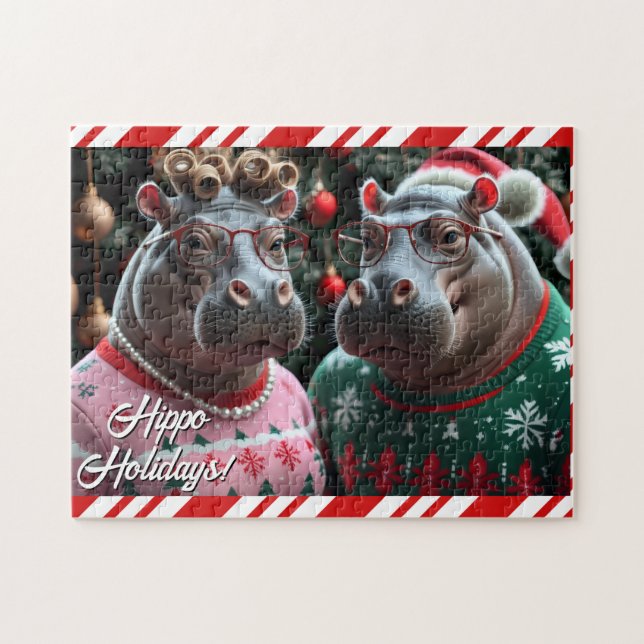 Holiday Hippo Couple in Christmas Sweaters (Horizontal)