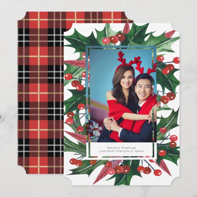 Holiday Holly Foto Frame Personalisiert Feiertagskarte (Vorne/Hinten)