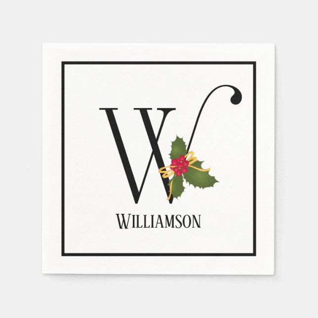 Holiday Holly Monogram Letter W Personalisiert Pap Serviette (Vorderseite)