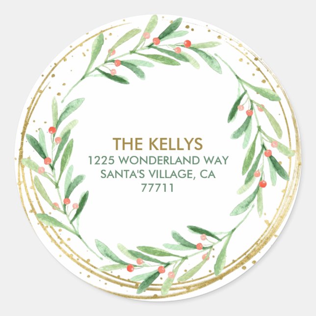 Holiday Holly Wreath Gold Sparkle Rücksendeadresse Runder Aufkleber (Vorderseite)